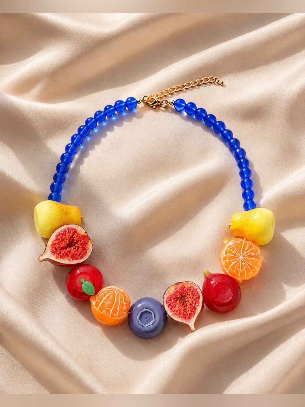 Colorful Fruit Statement Necklace Blue Beaded Fig Orange Apple Chunky Jewelry